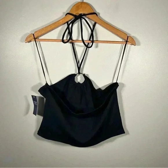 NWT Abercrombie & Fitch black cropped O-ring tie neck halter top XL - Picture 5 of 5